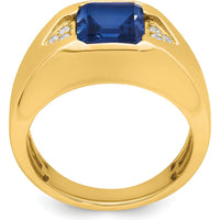 14K Yellow Gold Men's Emerald-Cut Created Sapphire and Round Diamond Accent Ring - 3.76 Carat Sapphire, 0.09 Carat Diamonds by 0