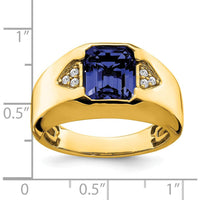 14K Yellow Gold Men's Emerald-Cut Created Sapphire and Round Diamond Accent Ring - 3.76 Carat Sapphire, 0.09 Carat Diamonds by 0