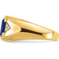 14K Yellow Gold Men's Emerald-Cut Created Sapphire and Round Diamond Accent Ring - 3.76 Carat Sapphire, 0.09 Carat Diamonds by 0