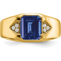 14K Yellow Gold Men's Emerald-Cut Created Sapphire and Round Diamond Accent Ring - 3.76 Carat Sapphire, 0.09 Carat Diamonds by 0