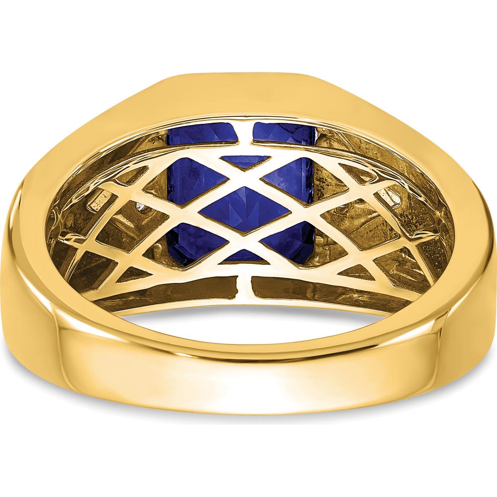 14K Yellow Gold Men's Emerald-Cut Created Sapphire and Round Diamond Accent Ring - 3.76 Carat Sapphire, 0.09 Carat Diamonds by 0