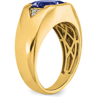 14K Yellow Gold Men's Emerald-Cut Created Sapphire and Round Diamond Accent Ring - 3.76 Carat Sapphire, 0.09 Carat Diamonds by 0