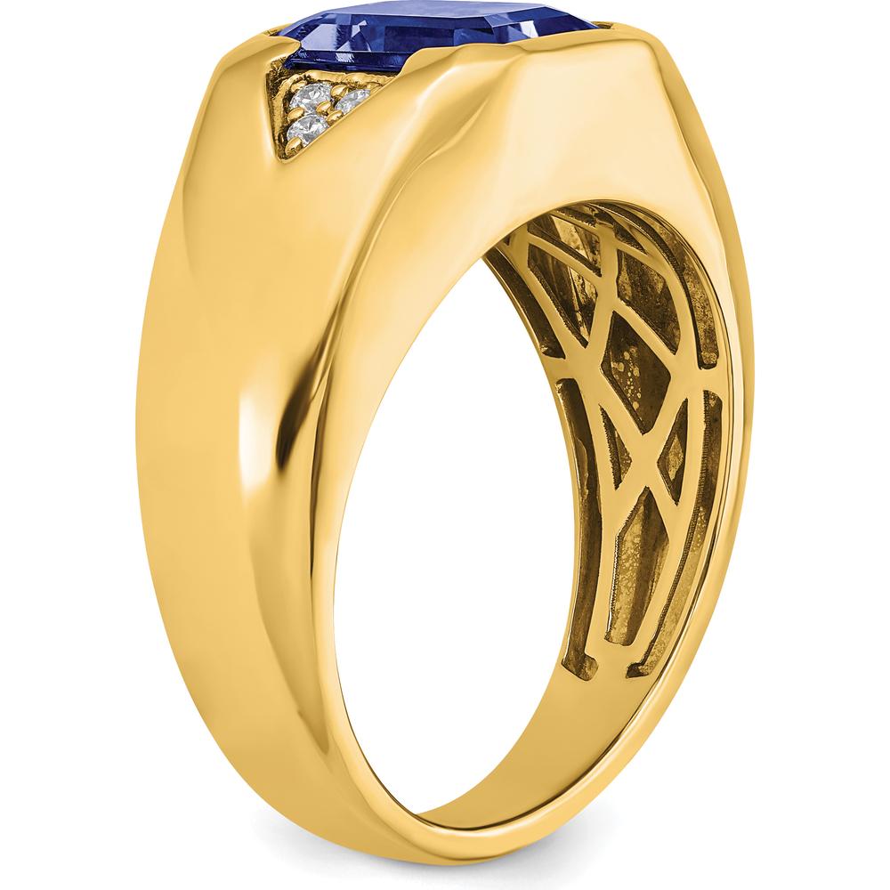 14K Yellow Gold Men's Emerald-Cut Created Sapphire and Round Diamond Accent Ring - 3.76 Carat Sapphire, 0.09 Carat Diamonds by 0