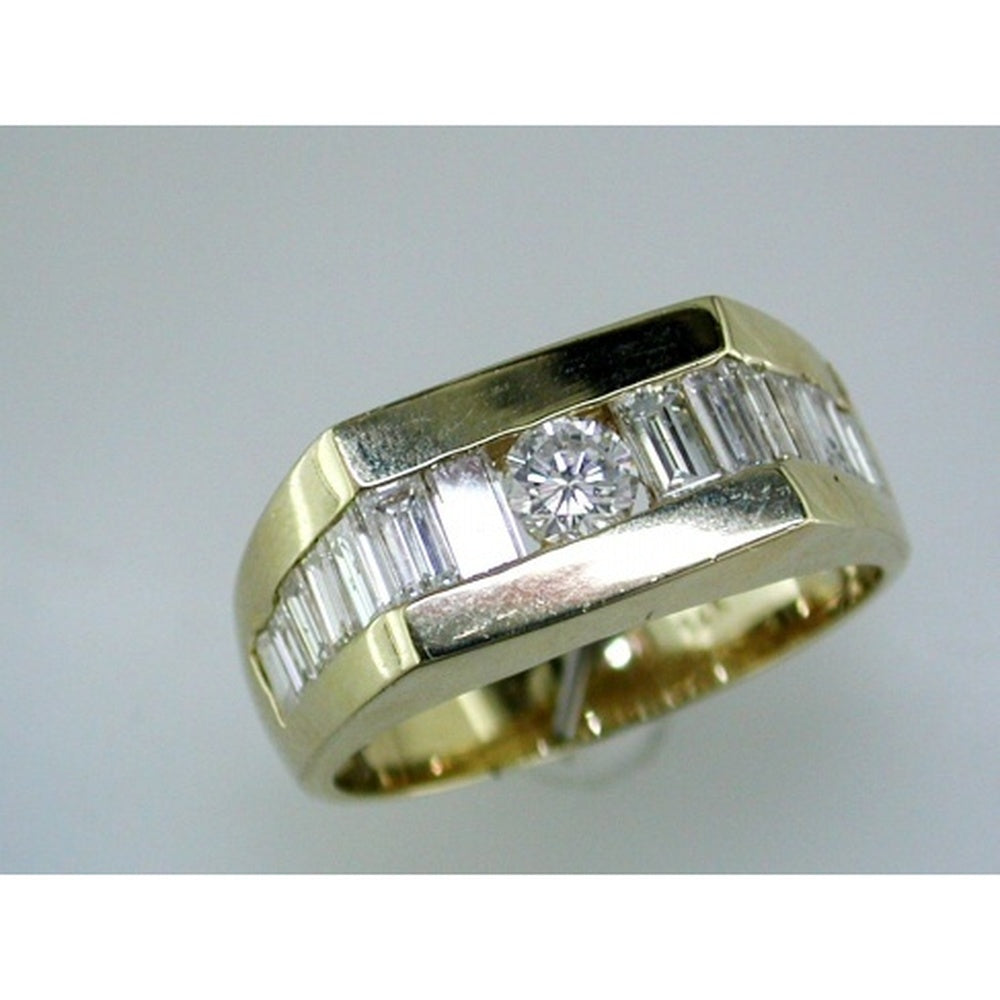 14K Yellow Gold Men's Geometric Band with Center Round Diamond and Channel-Set Baguette Diamonds - 2.18 Carat Total Diamond Weight - Royal Jewelry