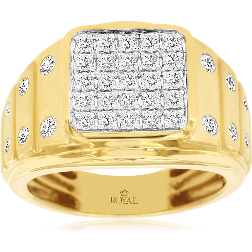 14K Yellow Gold Men's Geometric Diamond Ring with Flush-Set Round Diamonds - 1.00 Carat Total Diamond Weight - Royal Jewelry