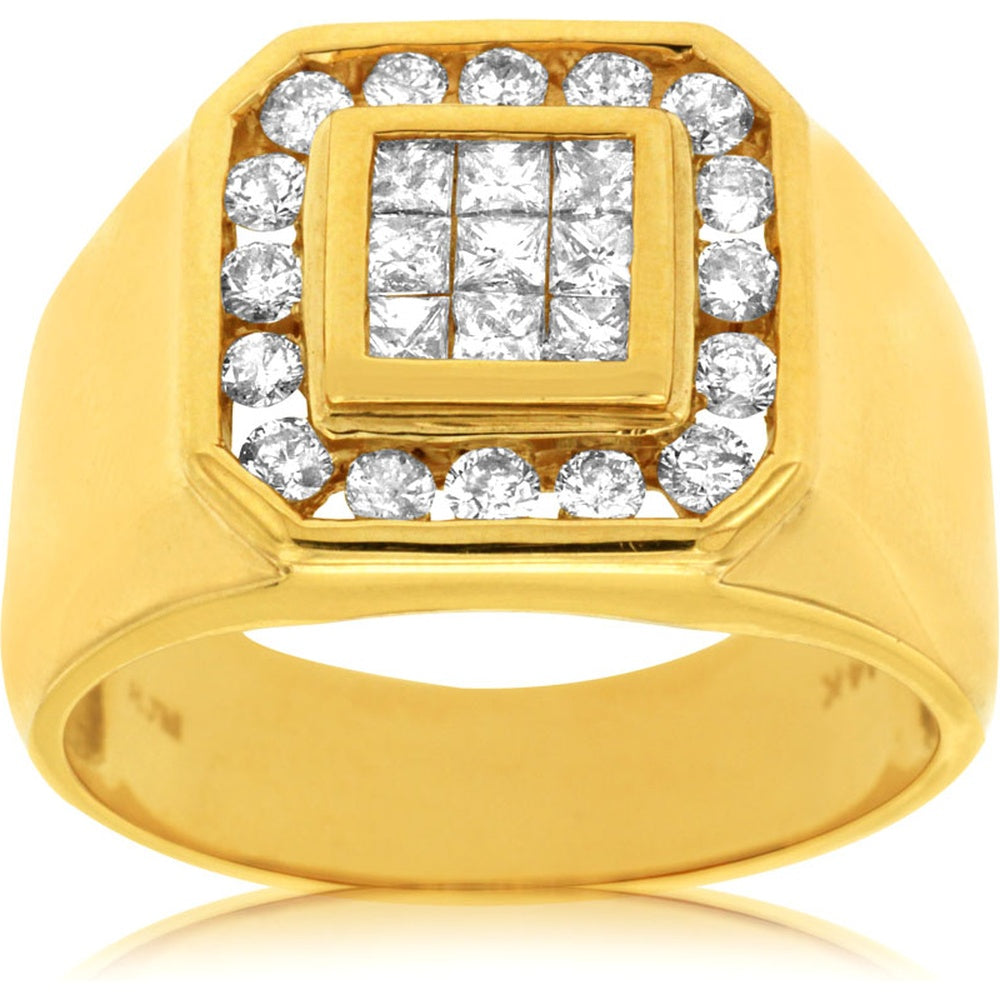 14K Yellow Gold Men's Geometric Halo Ring with Invisible Set Princess Cut Diamonds and Round Diamond Border - 1.00 Carat Total Diamond Weight - Royal Jewelry
