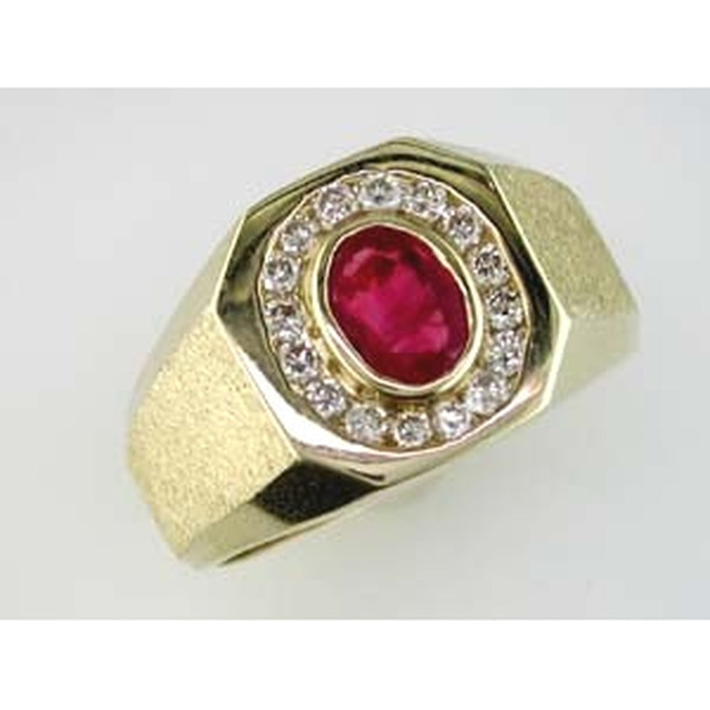 14K Yellow Gold Men's Geometric Statement Ring with Bezel-Set Oval Ruby and Prong-Set Round Diamond Halo - 0.85 Carat Ruby and 0.42 Carat Total Diamond Weight - Royal Jewelry