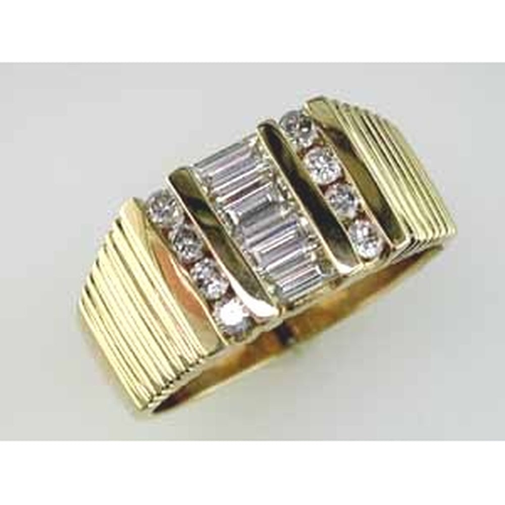 14K Yellow Gold Men's Grooved Band Ring with Channel-Set Baguette and Round Diamonds - 0.90 Carat Baguette and 0.39 Carat Round Total Diamond Weight - Royal Jewelry