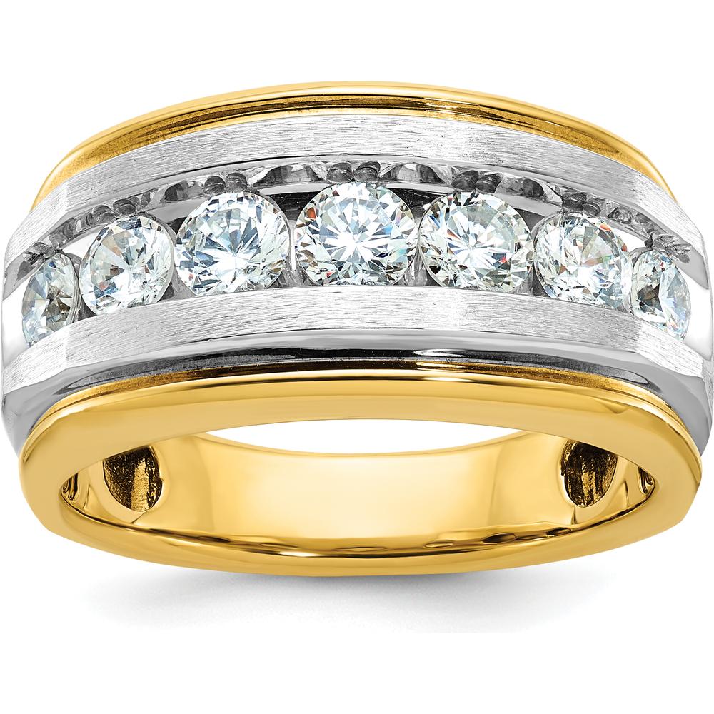 14K Yellow Gold Men's Grooved Band with 7-Prong Set Diamond Accents - Elegant Polished Satin Design by IBGoodman