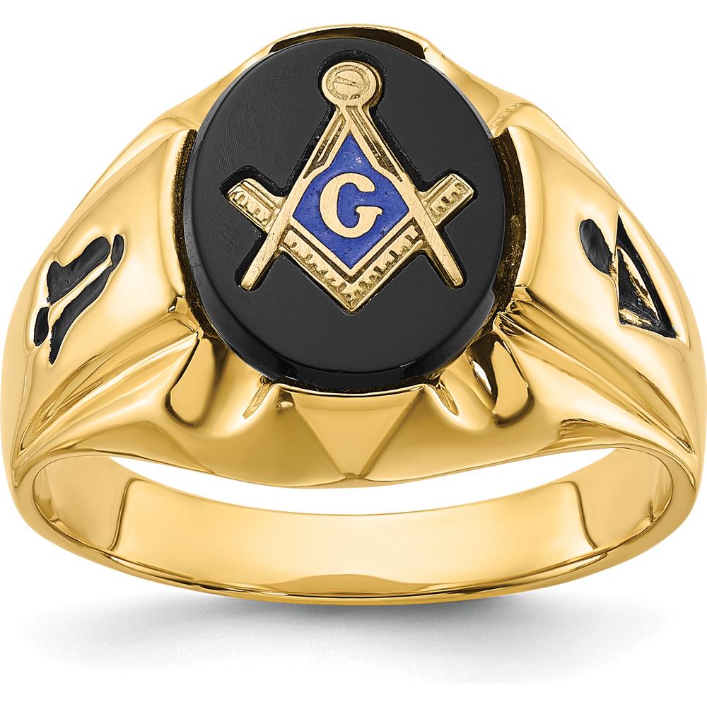 14K Yellow Gold Men's Grooved Masonic Ring with 12x10mm Oval Black Onyx by IBGoodman