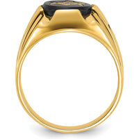 14K Yellow Gold Men's Grooved Masonic Ring with 12x10mm Oval Black Onyx by IBGoodman