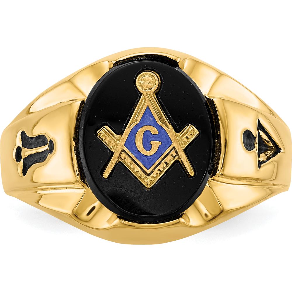 14K Yellow Gold Men's Grooved Masonic Ring with 12x10mm Oval Black Onyx by IBGoodman