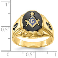 14K Yellow Gold Men's Grooved Masonic Ring with 12x10mm Oval Black Onyx by IBGoodman