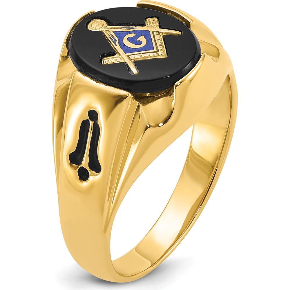 14K Yellow Gold Men's Grooved Masonic Ring with 12x10mm Oval Black Onyx by IBGoodman