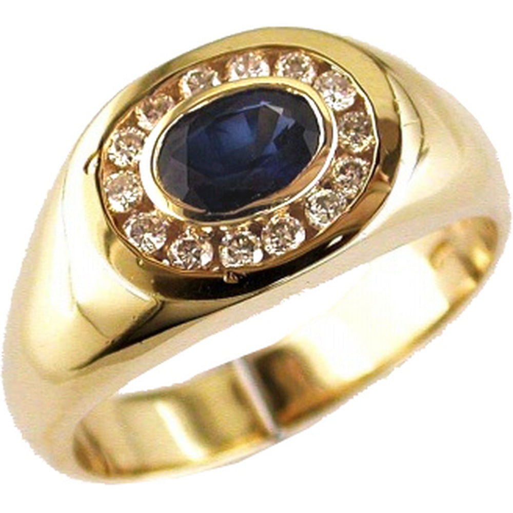 14K Yellow Gold Men's Halo Ring with 1.00 Carat Oval Sapphire and 0.30 Carat Total Bezel-Set Round Diamonds - Royal Jewelry