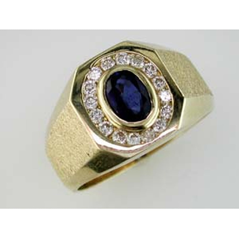 14K Yellow Gold Men's Halo Ring with 1.00 Carat Oval Sapphire and 0.42 Carat Round Diamonds - Royal Jewelry