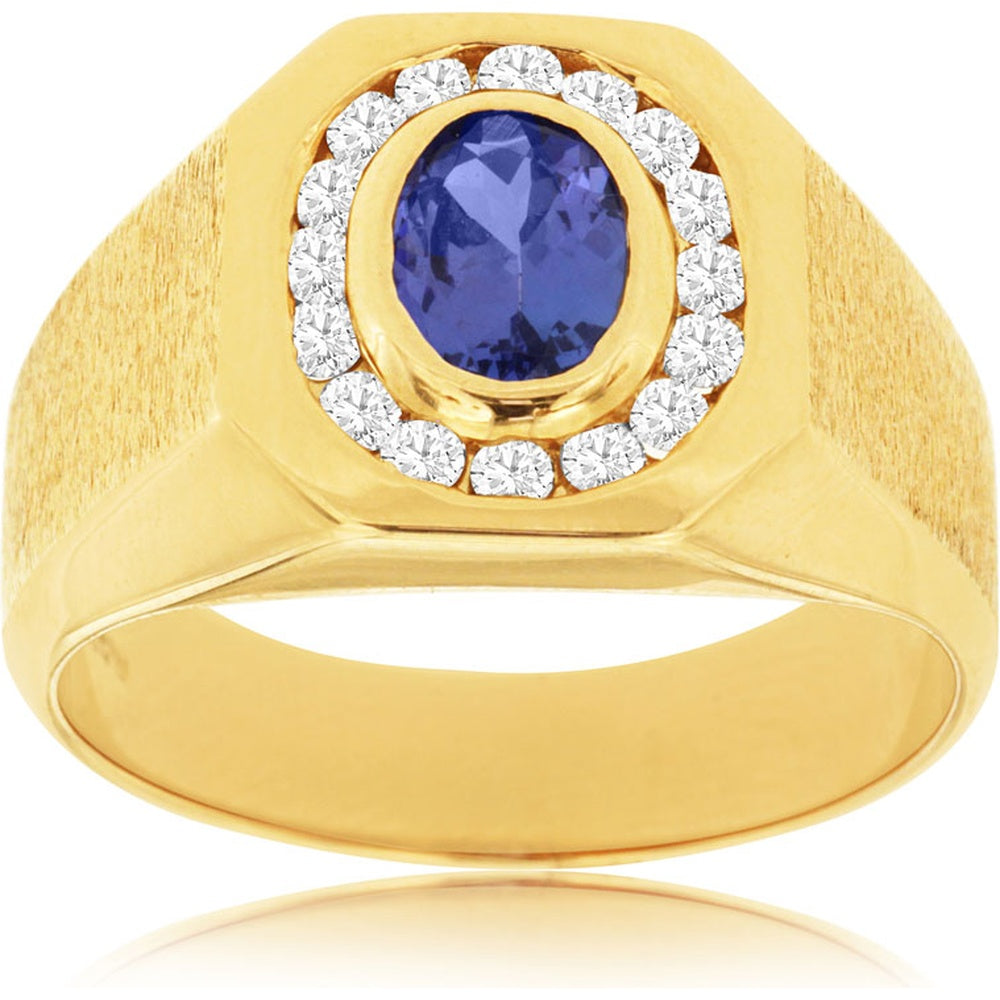 14K Yellow Gold Men's Halo Ring with Oval Tanzanite and Round Diamonds - 0.75 Carat Tanzanite and 0.42 Carat Total Diamond Weight - Royal Jewelry