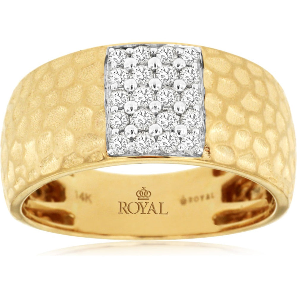 14K Yellow Gold Men's Hammered Band Ring with Rectangular Prong-Set Round Brilliant Diamonds - 0.40 Carat Total Diamond Weight - Royal Jewelry