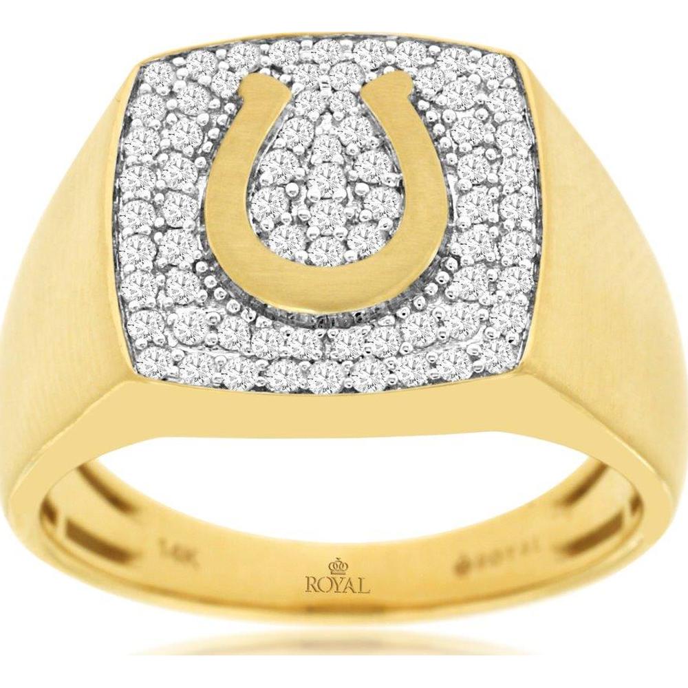 14K Yellow Gold Mens Horseshoe Motif Ring with Pavé Set Round Diamonds - 0.50 Carat Total Diamond Weight - Royal Jewelry