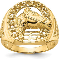 14K Yellow Gold Men's Horseshoe Ring with Sculpted Horse Head Design by 0