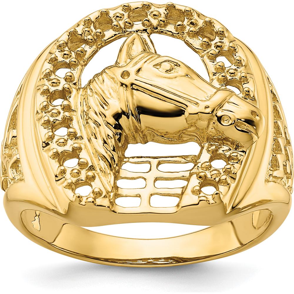 14K Yellow Gold Men's Horseshoe Ring with Sculpted Horse Head Design by 0