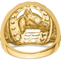 14K Yellow Gold Men's Horseshoe Ring with Sculpted Horse Head Design by 0