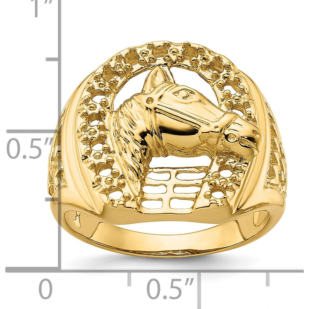 14K Yellow Gold Men's Horseshoe Ring with Sculpted Horse Head Design by 0