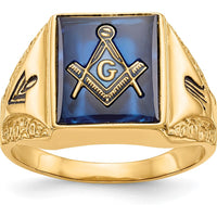 14K Yellow Gold Men's Masonic Ring with 12x10mm Cushion-Cut Imitation Blue Spinel by IBGoodman