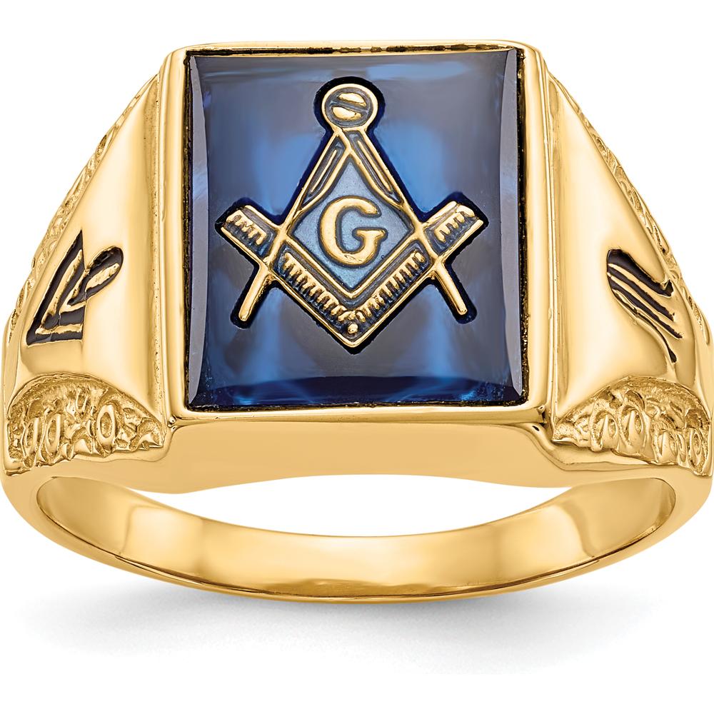 14K Yellow Gold Men's Masonic Ring with 12x10mm Cushion-Cut Imitation Blue Spinel by IBGoodman