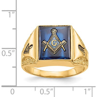14K Yellow Gold Men's Masonic Ring with 12x10mm Cushion-Cut Imitation Blue Spinel by IBGoodman