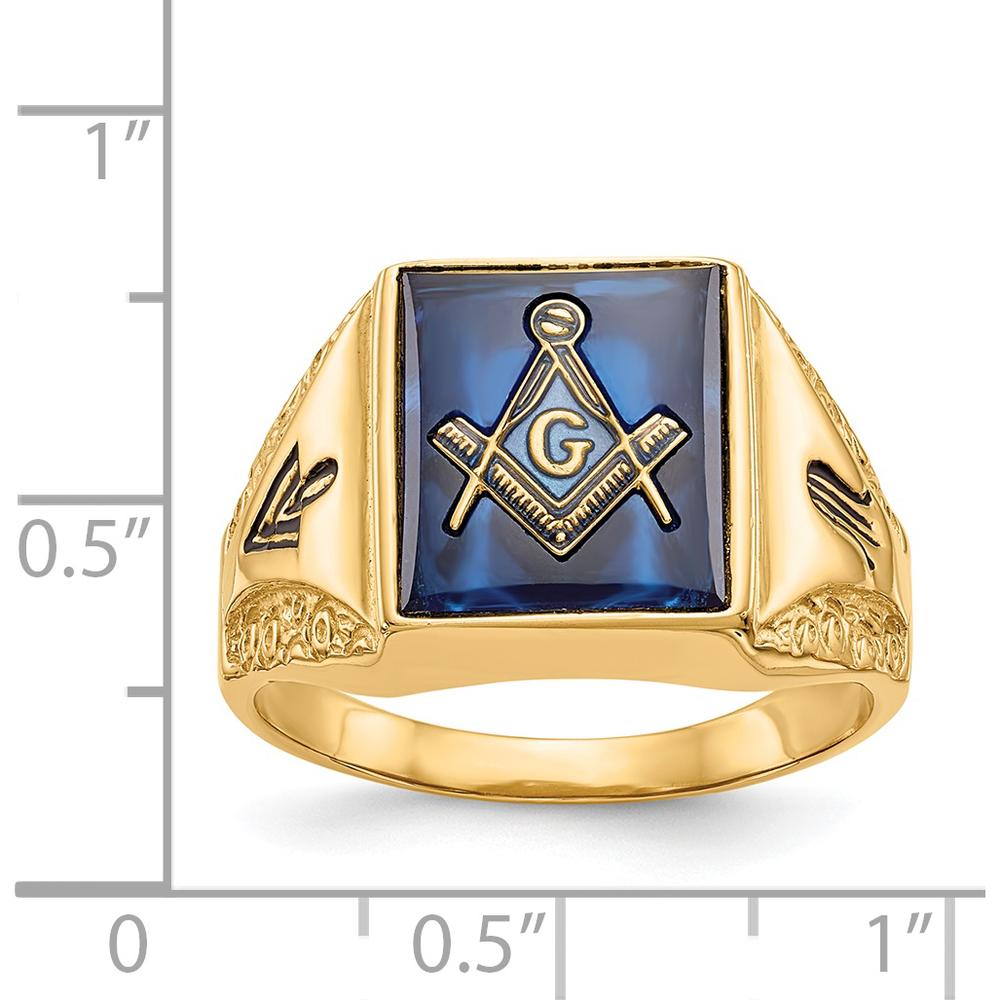 14K Yellow Gold Men's Masonic Ring with 12x10mm Cushion-Cut Imitation Blue Spinel by IBGoodman