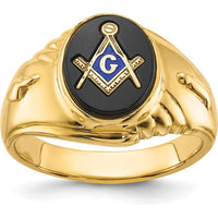14K Yellow Gold Men's Masonic Ring with 12x10mm Oval Black Onyx Center by IBGoodman