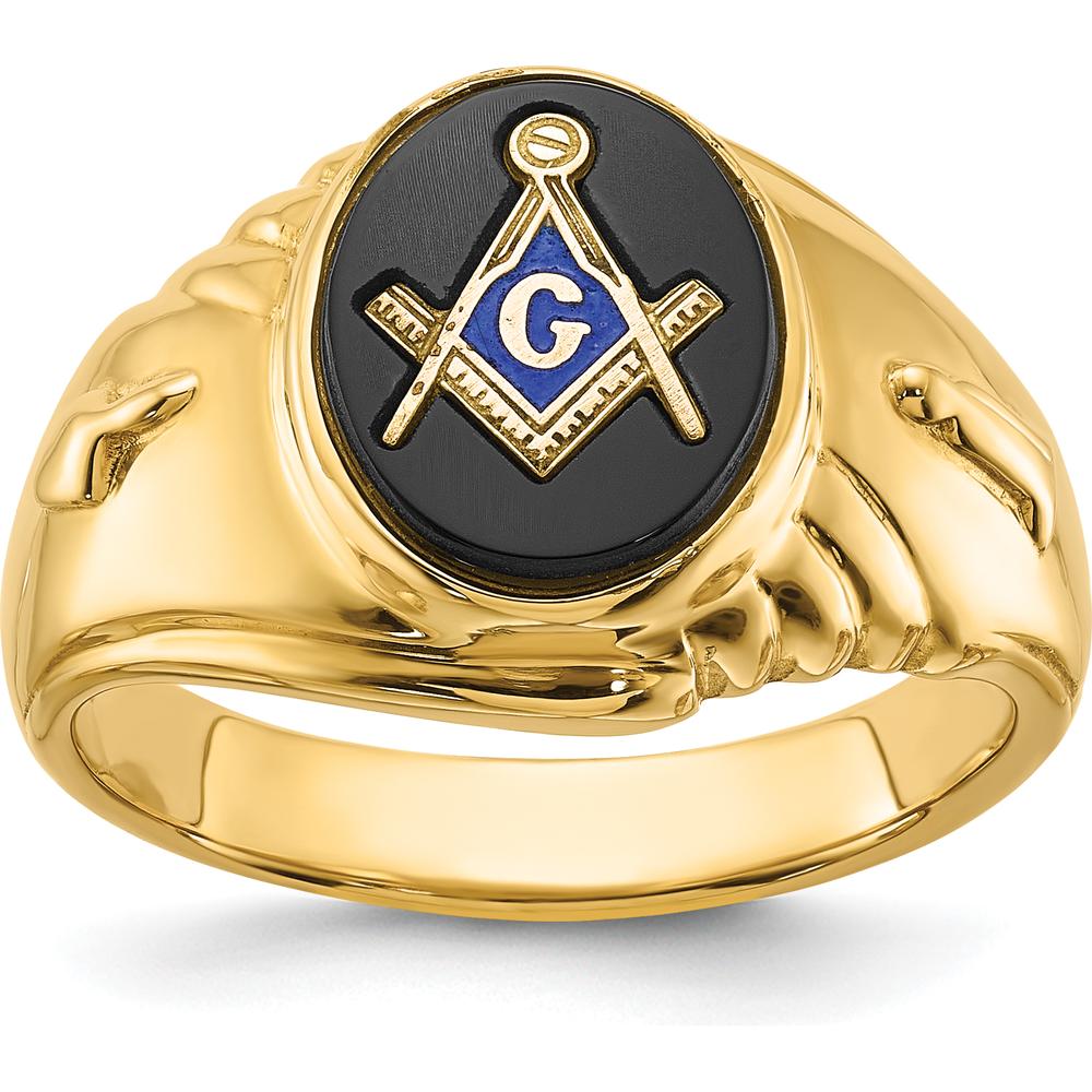 14K Yellow Gold Men's Masonic Ring with 12x10mm Oval Black Onyx Center by IBGoodman
