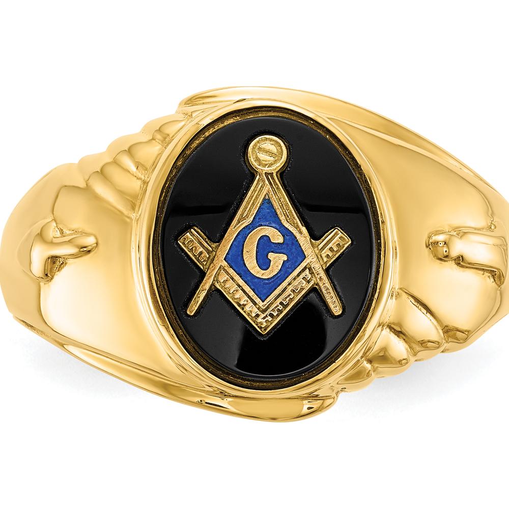 14K Yellow Gold Men's Masonic Ring with 12x10mm Oval Black Onyx Center by IBGoodman