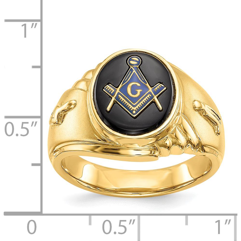 14K Yellow Gold Men's Masonic Ring with 12x10mm Oval Black Onyx Center by IBGoodman
