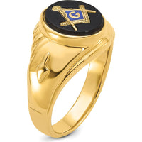 14K Yellow Gold Men's Masonic Ring with 12x10mm Oval Black Onyx Center by IBGoodman
