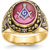 14K Yellow Gold Men's Masonic Ring with 12x10mm Oval Lab Created Ruby and Antiqued Detailing by IBGoodman
