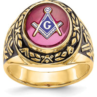 14K Yellow Gold Men's Masonic Ring with 12x10mm Oval Lab Created Ruby and Antiqued Detailing by IBGoodman