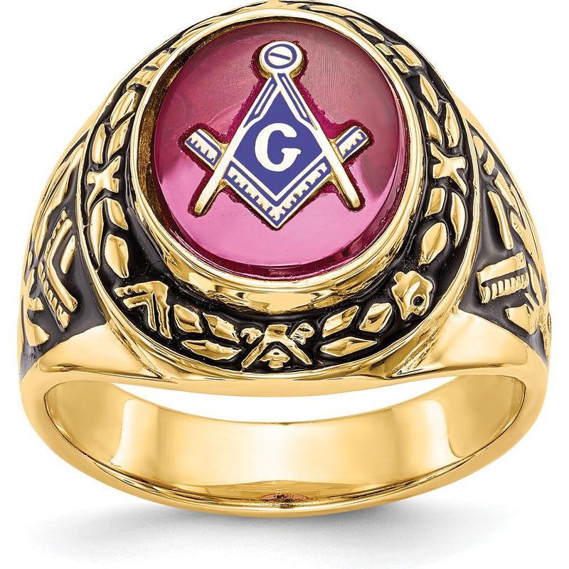 14K Yellow Gold Men's Masonic Ring with 12x10mm Oval Lab Created Ruby and Antiqued Detailing by IBGoodman