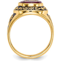 14K Yellow Gold Men's Masonic Ring with 12x10mm Oval Lab Created Ruby and Antiqued Detailing by IBGoodman