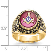 14K Yellow Gold Men's Masonic Ring with 12x10mm Oval Lab Created Ruby and Antiqued Detailing by IBGoodman