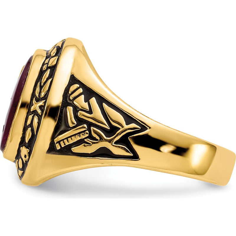 14K Yellow Gold Men's Masonic Ring with 12x10mm Oval Lab Created Ruby and Antiqued Detailing by IBGoodman