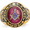 14K Yellow Gold Men's Masonic Ring with 12x10mm Oval Lab Created Ruby and Antiqued Detailing by IBGoodman