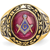 14K Yellow Gold Men's Masonic Ring with 12x10mm Oval Lab Created Ruby and Antiqued Detailing by IBGoodman