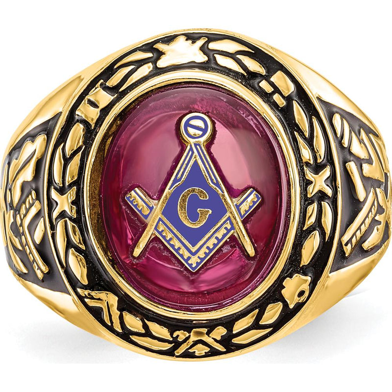 14K Yellow Gold Men's Masonic Ring with 12x10mm Oval Lab Created Ruby and Antiqued Detailing by IBGoodman