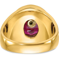 14K Yellow Gold Men's Masonic Ring with 12x10mm Oval Lab Created Ruby and Antiqued Detailing by IBGoodman