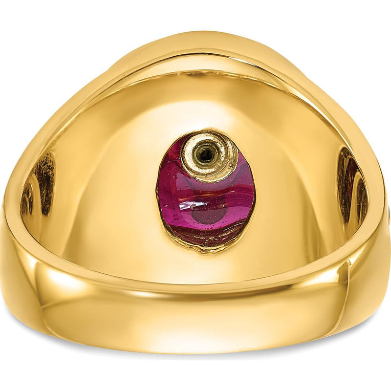 14K Yellow Gold Men's Masonic Ring with 12x10mm Oval Lab Created Ruby and Antiqued Detailing by IBGoodman