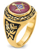 14K Yellow Gold Men's Masonic Ring with 12x10mm Oval Lab Created Ruby and Antiqued Detailing by IBGoodman