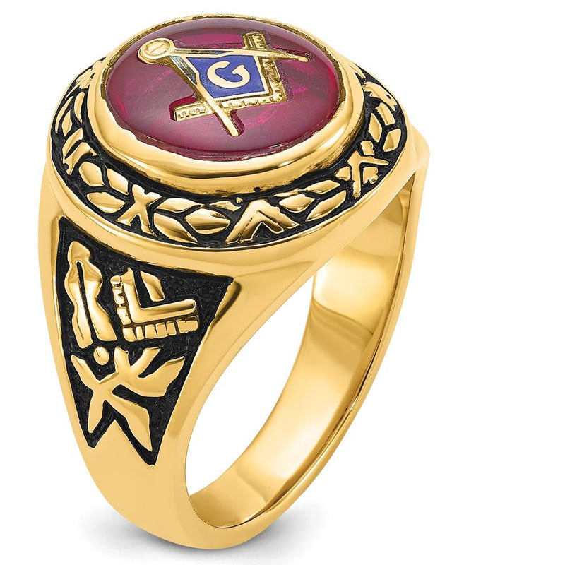 14K Yellow Gold Men's Masonic Ring with 12x10mm Oval Lab Created Ruby and Antiqued Detailing by IBGoodman