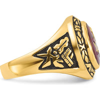 14K Yellow Gold Men's Masonic Ring with 12x10mm Oval Lab Created Ruby and Antiqued Detailing by IBGoodman